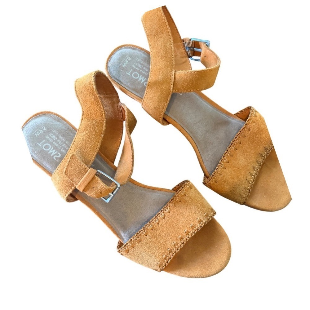 TOMS Rosa Saffron Suede Whipstitch Espadrille Block Heel Sandals 9.5